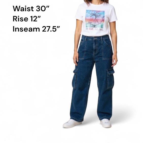 Retro Gorpcorp Blue Denim Cargo Pants Womens Wide Leg Utility Jeans Y2K Style XL - Picture 2 of 7